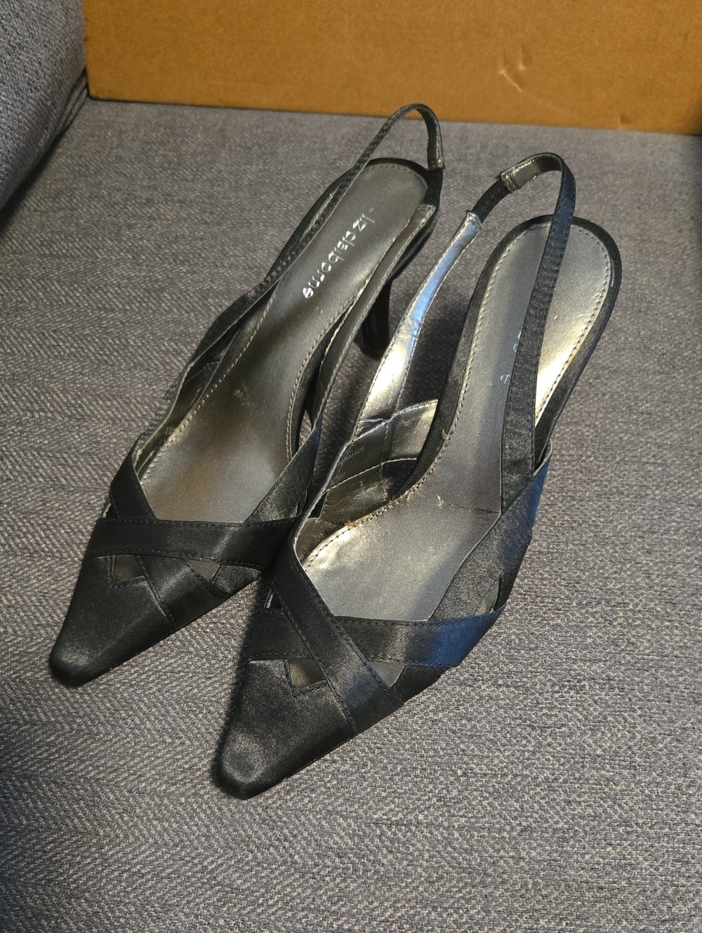 Liz Claiborne Black Satin Pointed Slingback Heels